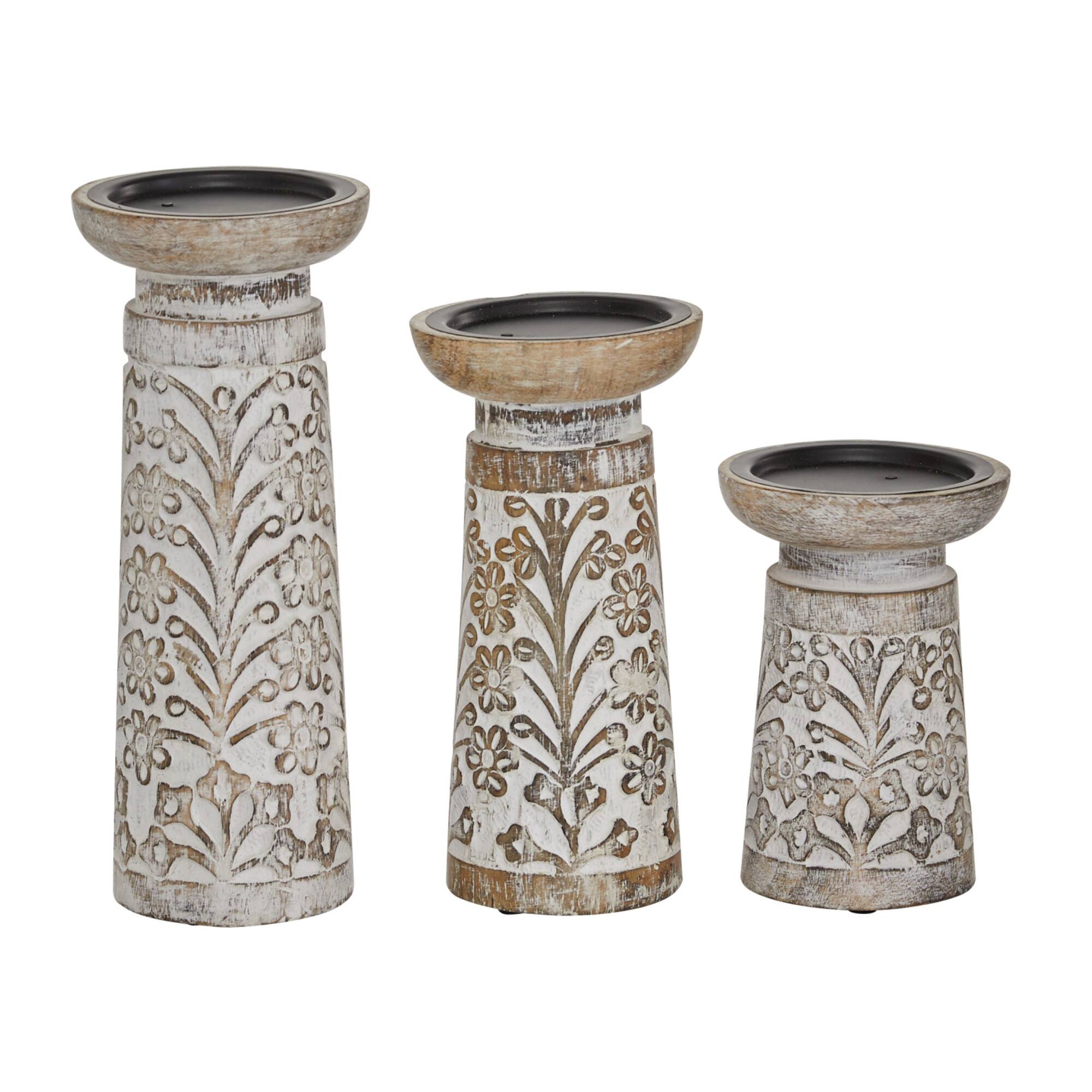 Brown Mango Wood Natural Candle Holder Set